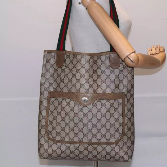 GUCCI GG Canvas Web Sherry Line Tote Bag PVC Leather Beige Green Red Auth - Picture 16 of 16